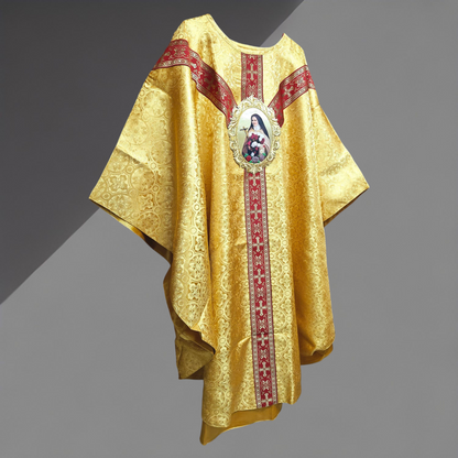 Gold Damask Chasuble with St. Therese Appliqué Catholic Priest Vestment Set