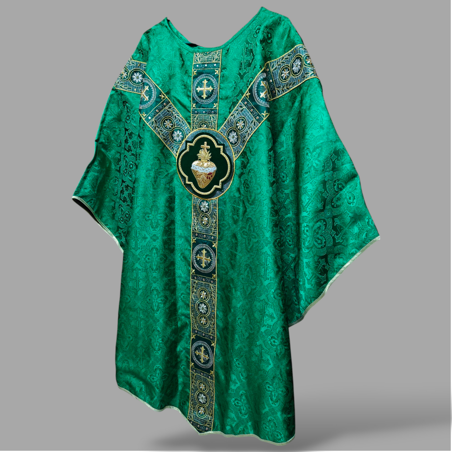 Hand-Embroidered Sacred Heart Green Chasuble in Church Damask & Fringed Stole.