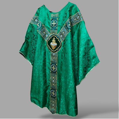 Hand-Embroidered Sacred Heart Green Chasuble in Church Damask & Fringed Stole.