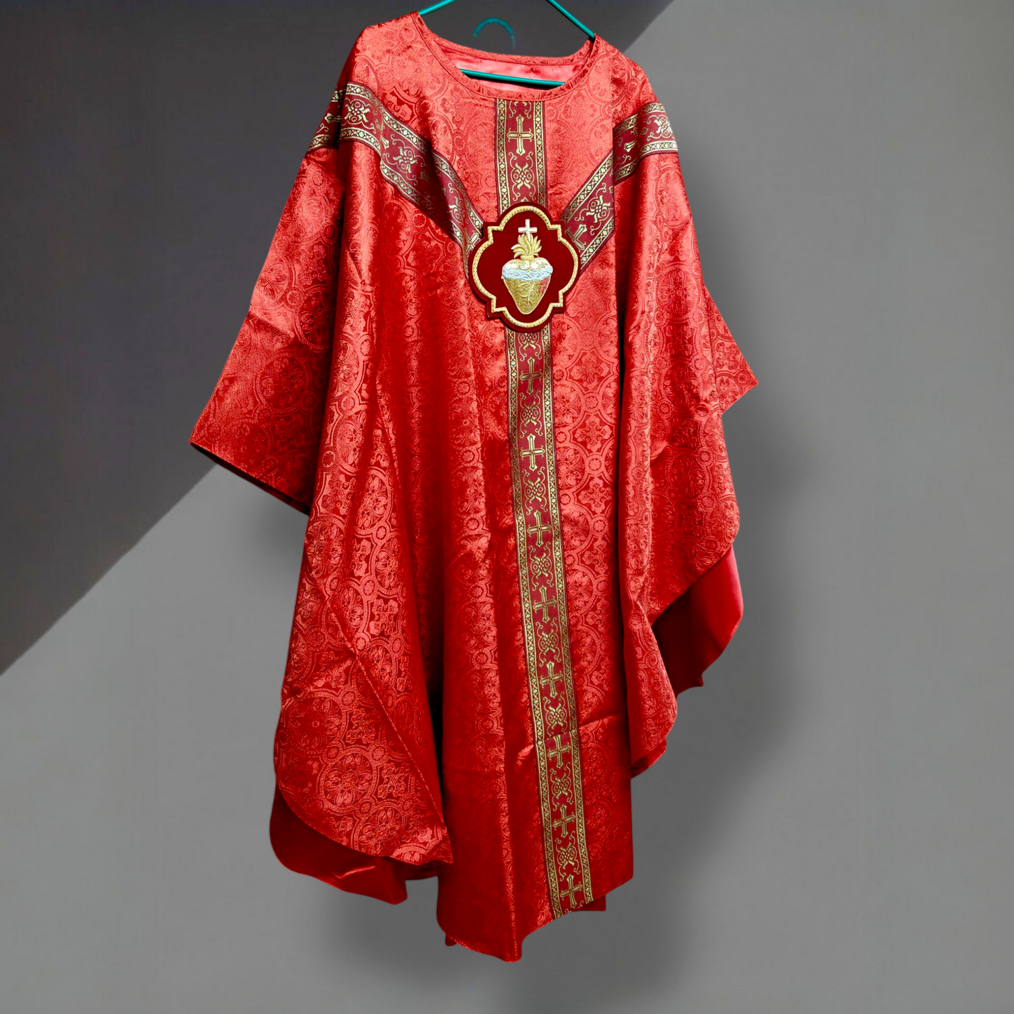 Hand-Embroidered Sacred Heart Red Chasuble in Damask & Matching Stole