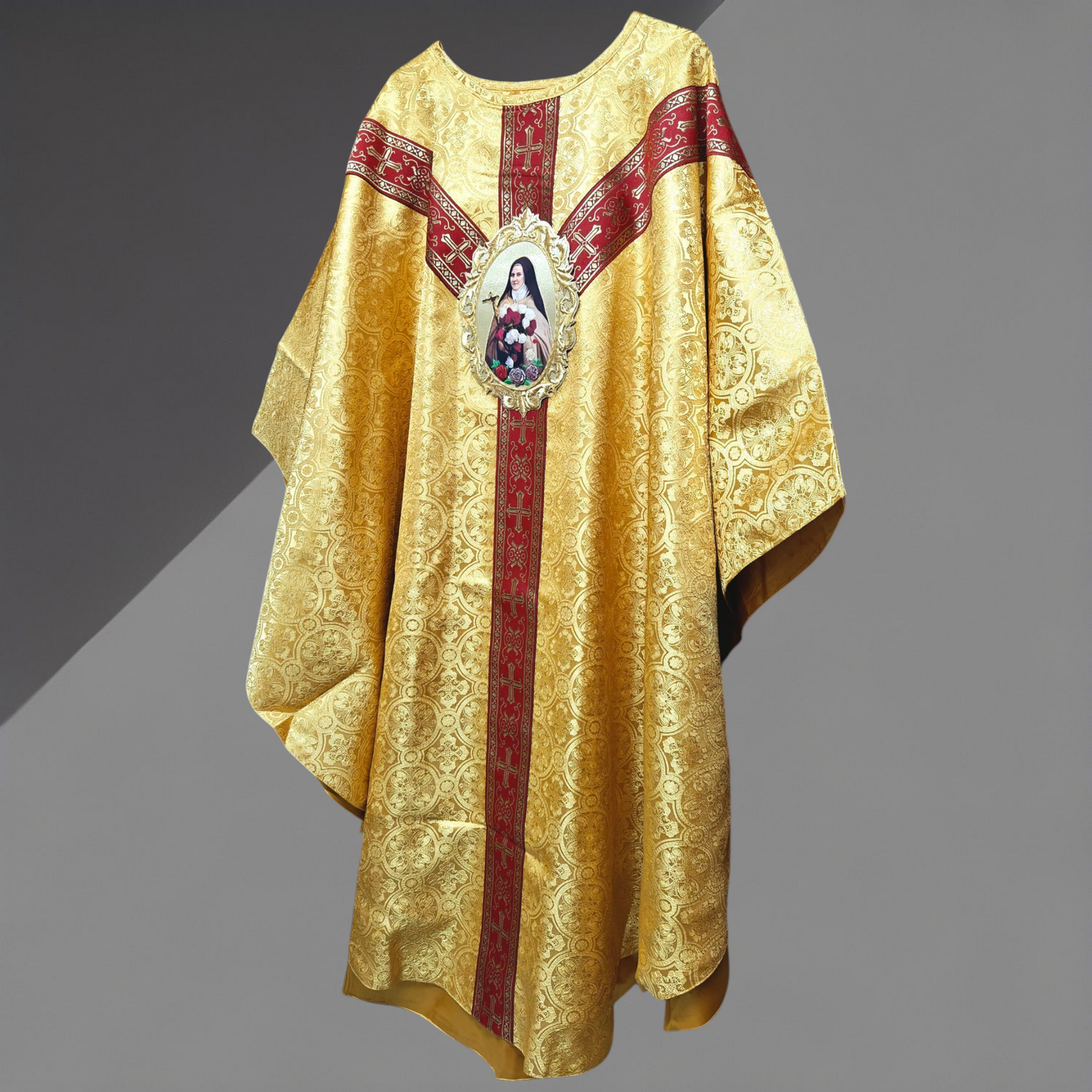 Gold Damask Chasuble with St. Therese Appliqué Catholic Priest Vestment Set