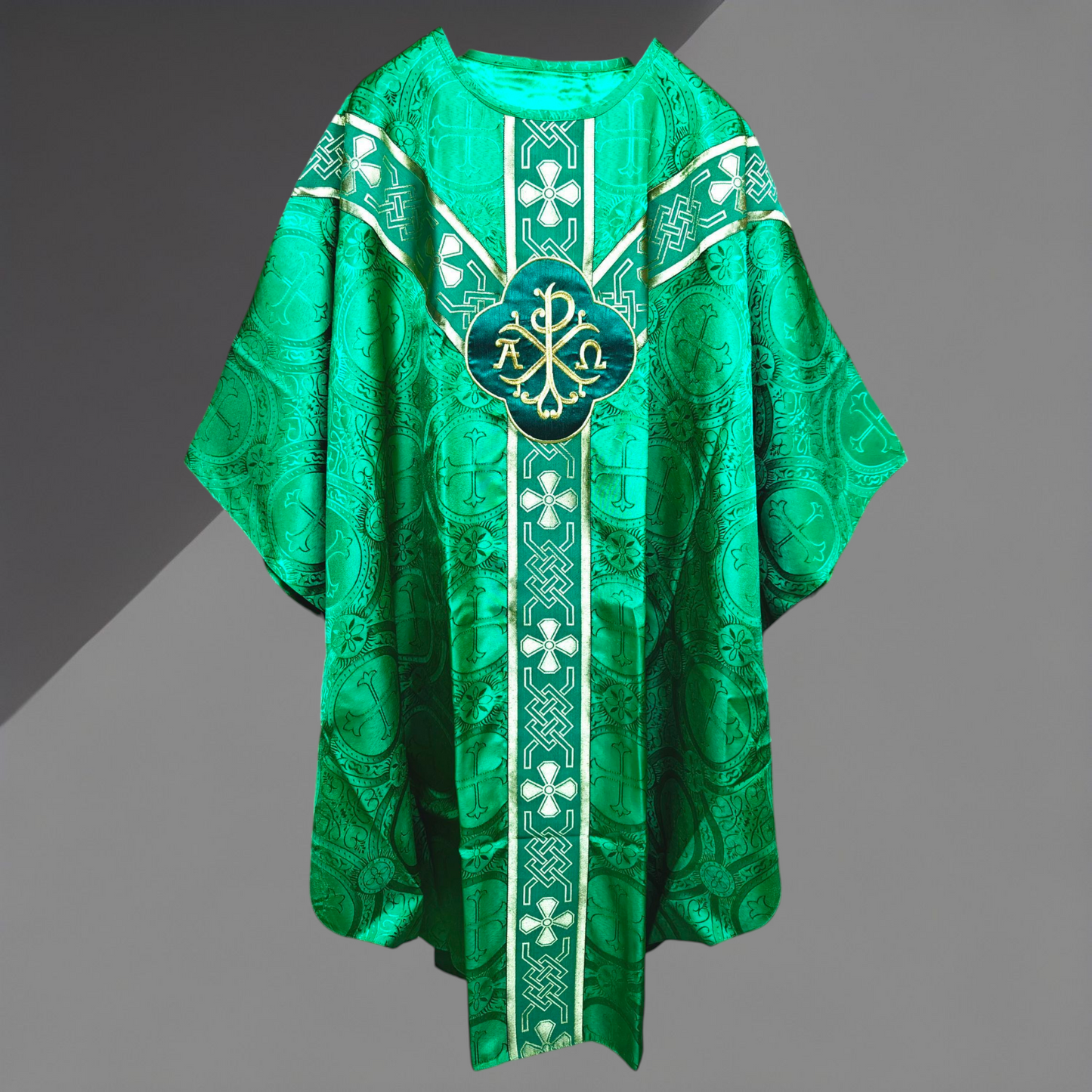 Green Gothic Chasuble with St. Andrew Orphreys | PX & IHS Motifs with Stole