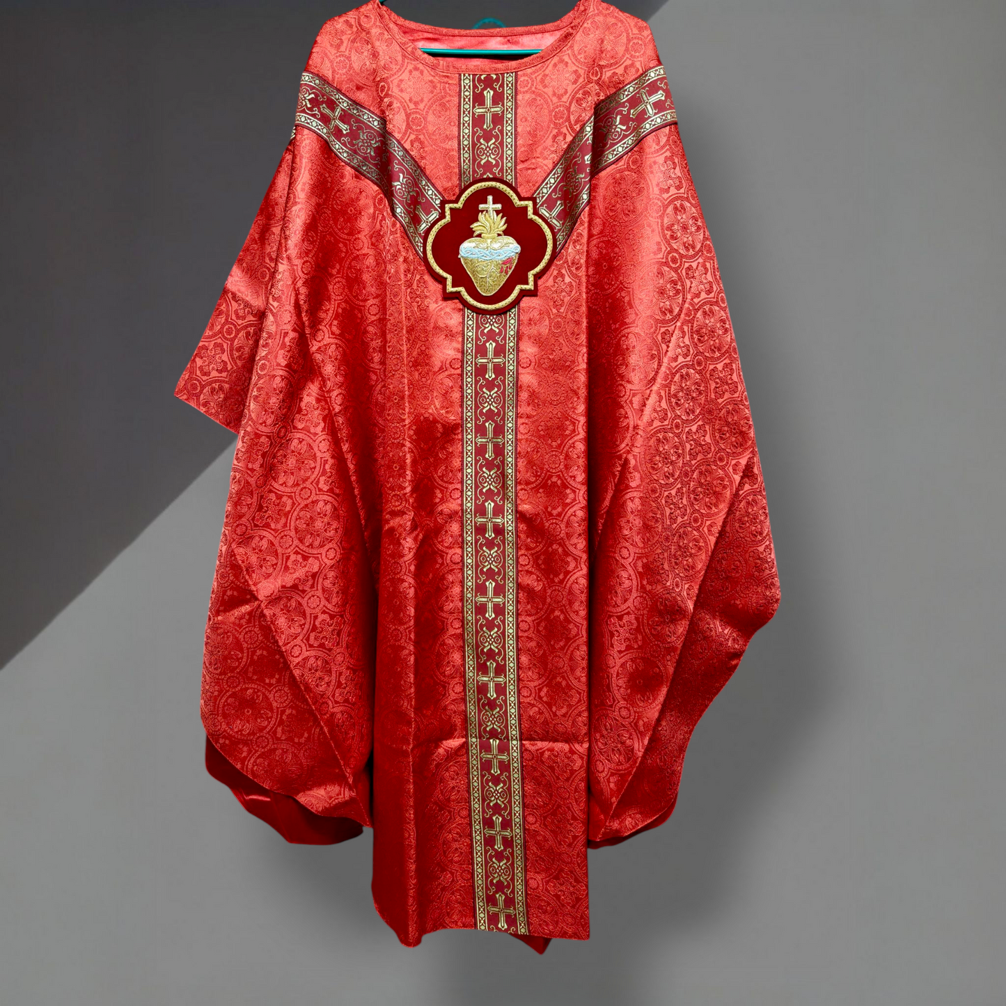 Hand-Embroidered Sacred Heart Red Chasuble in Damask & Matching Stole