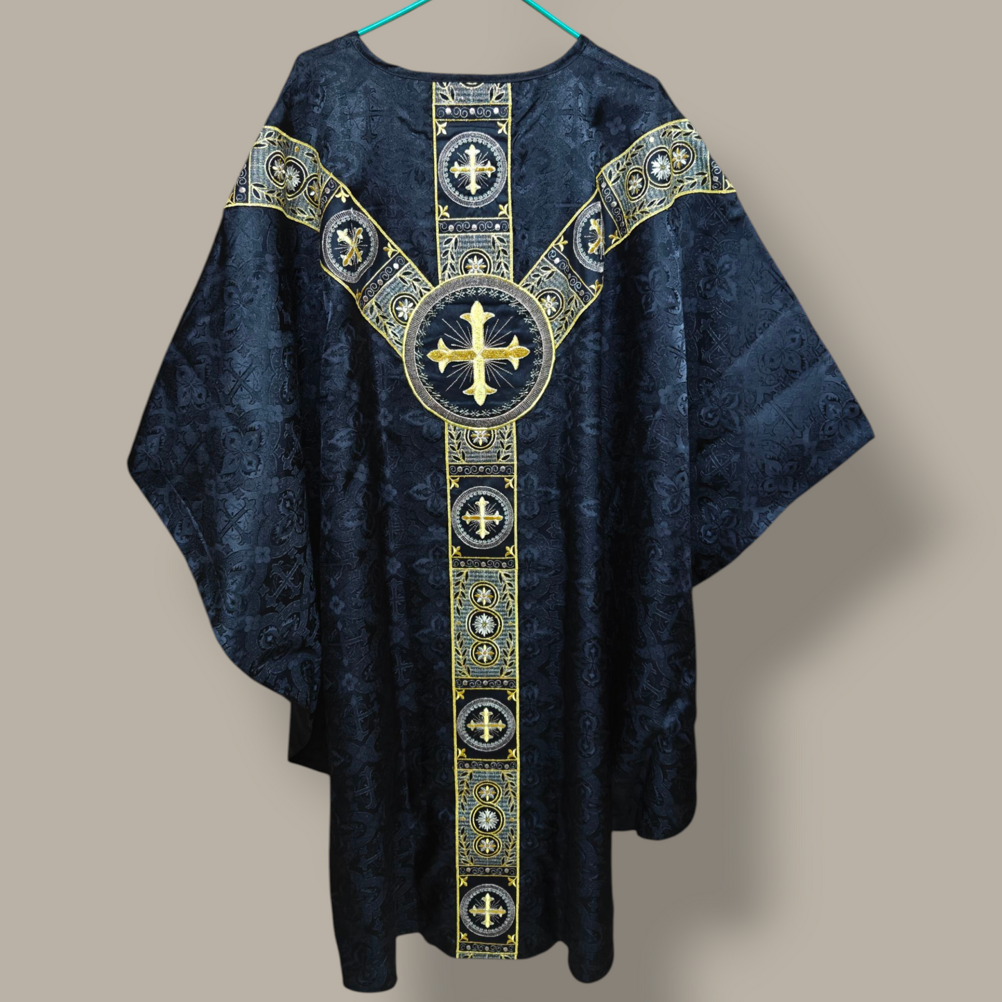 Hand-Embroidered Sacred Heart Black Chasuble in Church Damask & Fringed Stole