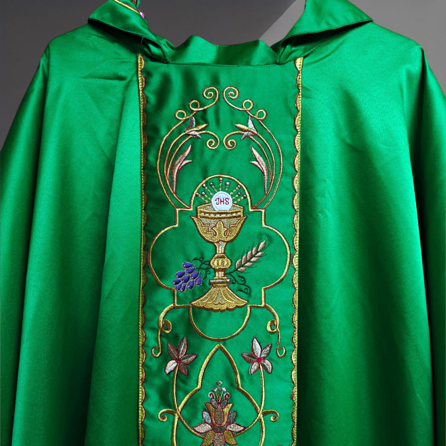Gothic Chasuble with Embroidered IHS & Floral Orphrey Catholic Priest Vest