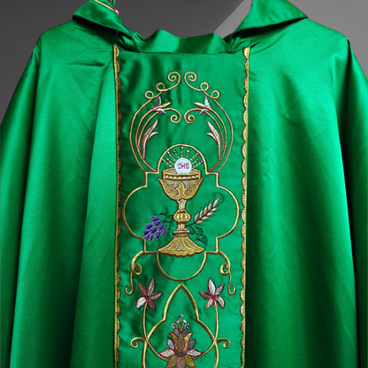 Gothic Chasuble with Embroidered IHS & Floral Orphrey Catholic Priest Vest
