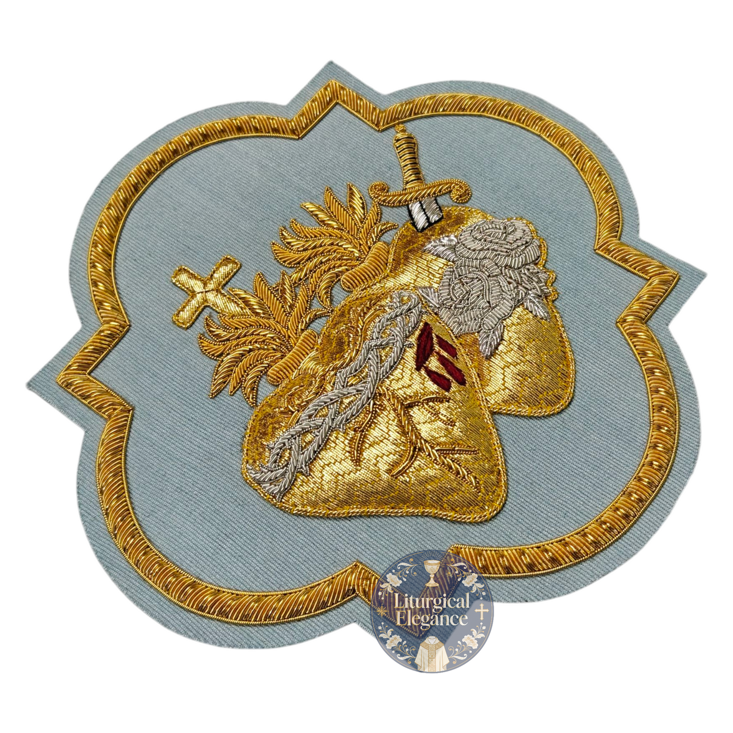 Sacred Heart of Jesus & Immaculate Heart of Mary United – Hand Embroidered Gold