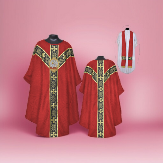 Red Brocade Chasuble with St. Andrew’s Orphreys & Hand-Embroidered Pelican Appliqué | Matching Stole Included