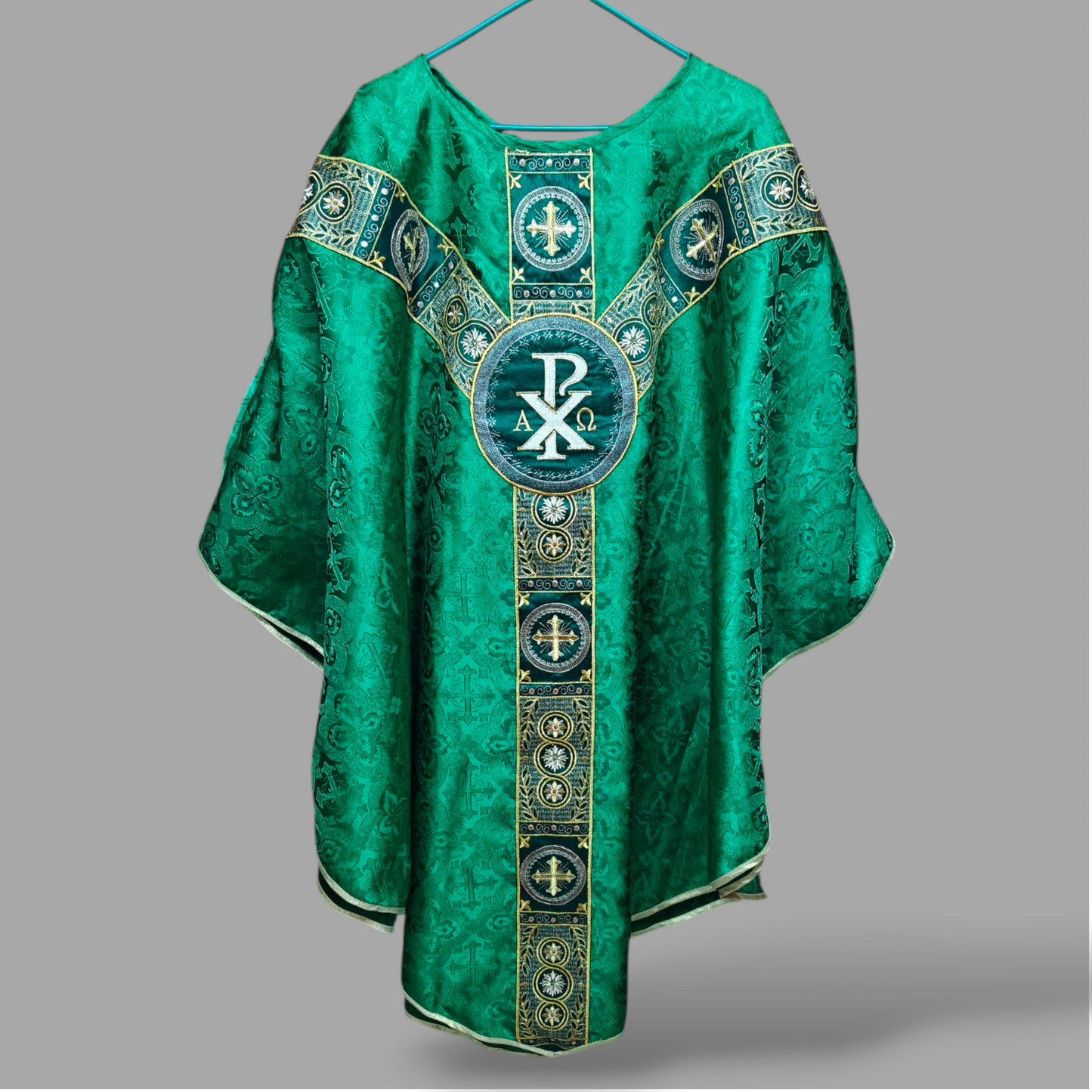 Hand-Embroidered Sacred Heart Green Chasuble in Church Damask & Fringed Stole.