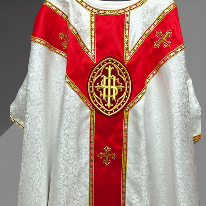 White Gothic Chasuble with IHS Applique Damask Fabric Vestment For Priest