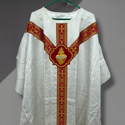 Hand-Embroidered Sacred Heart Red Chasuble in Damask & Matching Stole