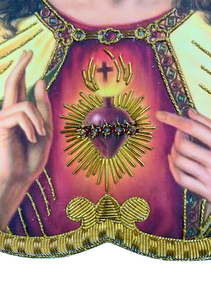 Sacred Heart of Jesus Appliqué | Hand-Embroidered &amp; Printed Vestment Icon Patch | Gold Bullion Wire on Gold Fabric
